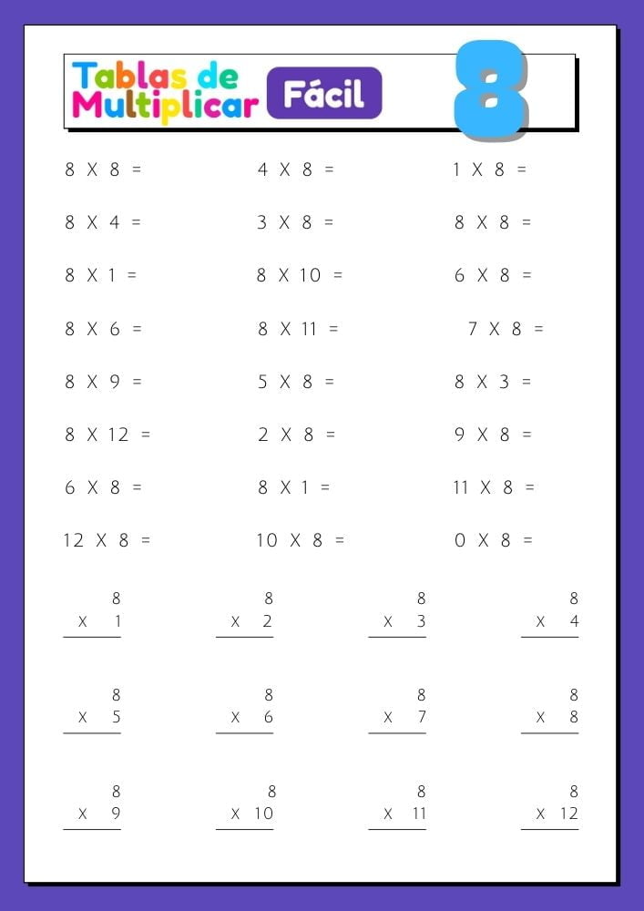Imágenes con ejercicios para imprimir de la tabla del 8